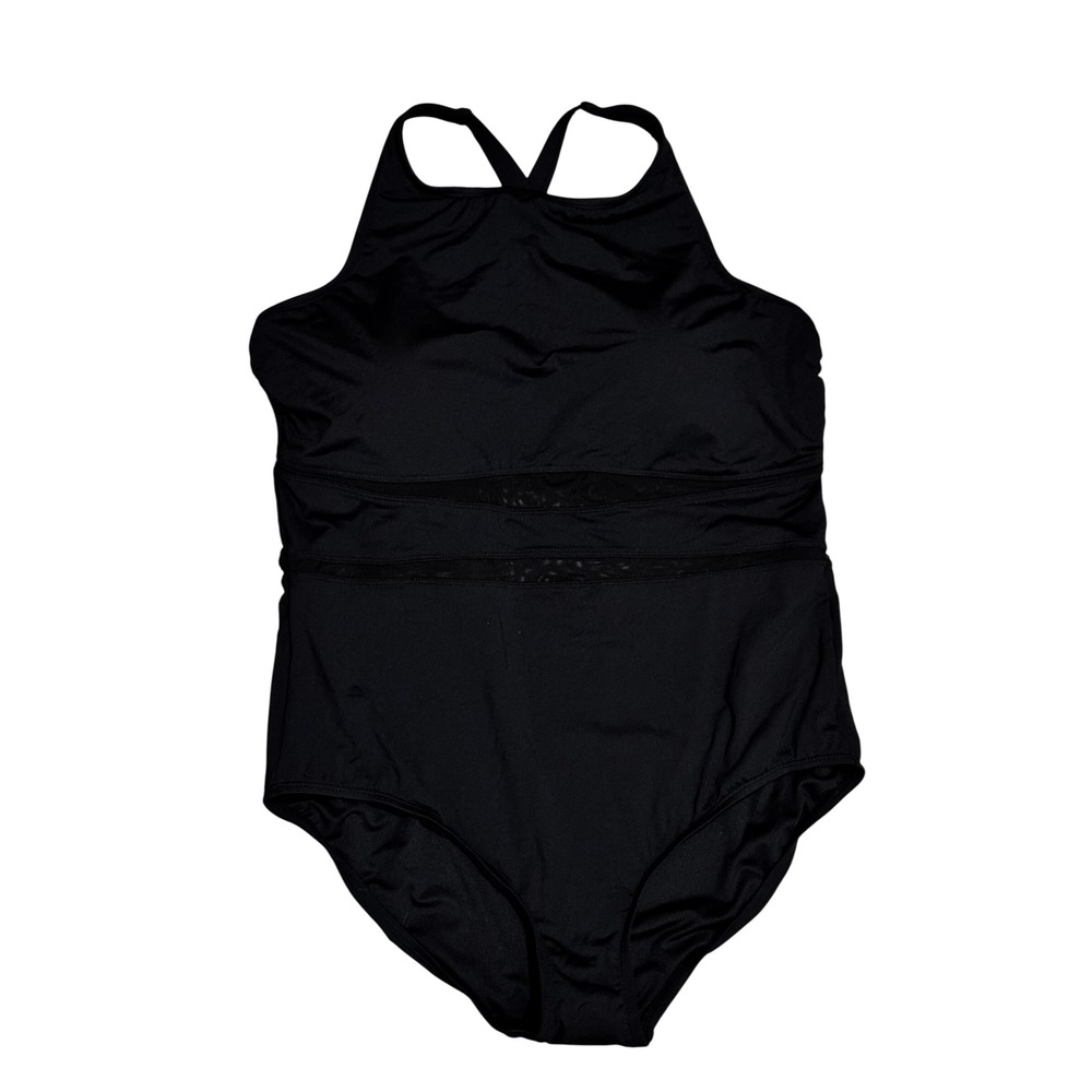 Lands' End One Piece Swimsuit Womens XXL Black EUC Mesh High Neck Racerback